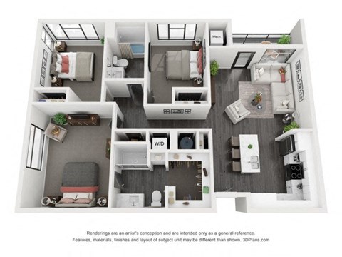 Floor plan for 3 beds, 2 baths, 1202 sqft
